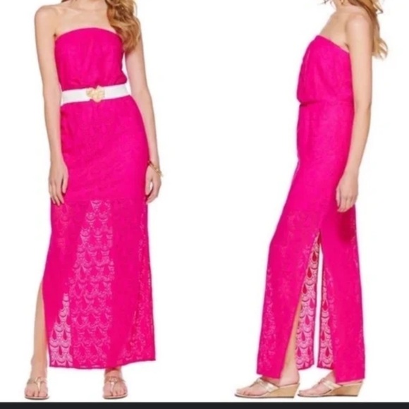 Lilly Pulitzer Emmet Bright Pink / Magenta strapless lace Maxi Dress Sz XS - Picture 1 of 11